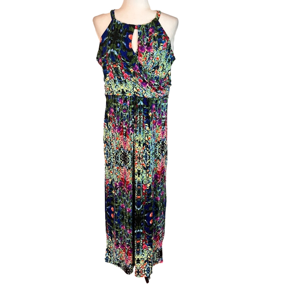 Cynthia Rowley Floral Halter Maxi Dress 14 Faux Wrap Keyhole Vibrant Stretch